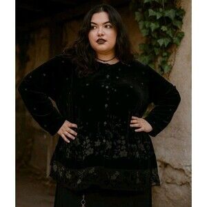 Bridgetown Collection Black Velvet Button Down Tunic Womens 2X Whimsigoth Beaded